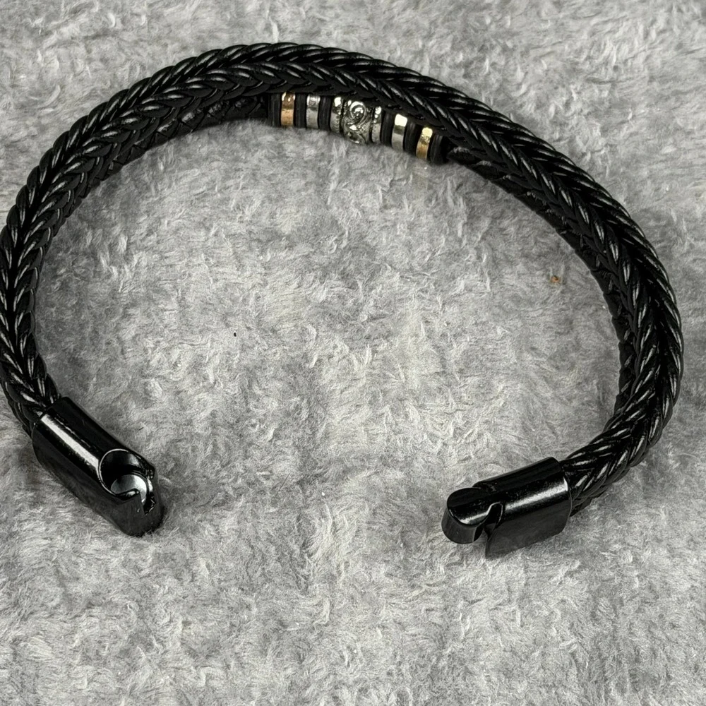 Mens Braided Black‎ Leather Bracelet Love You Forever Magnetic Clasp Two Tone